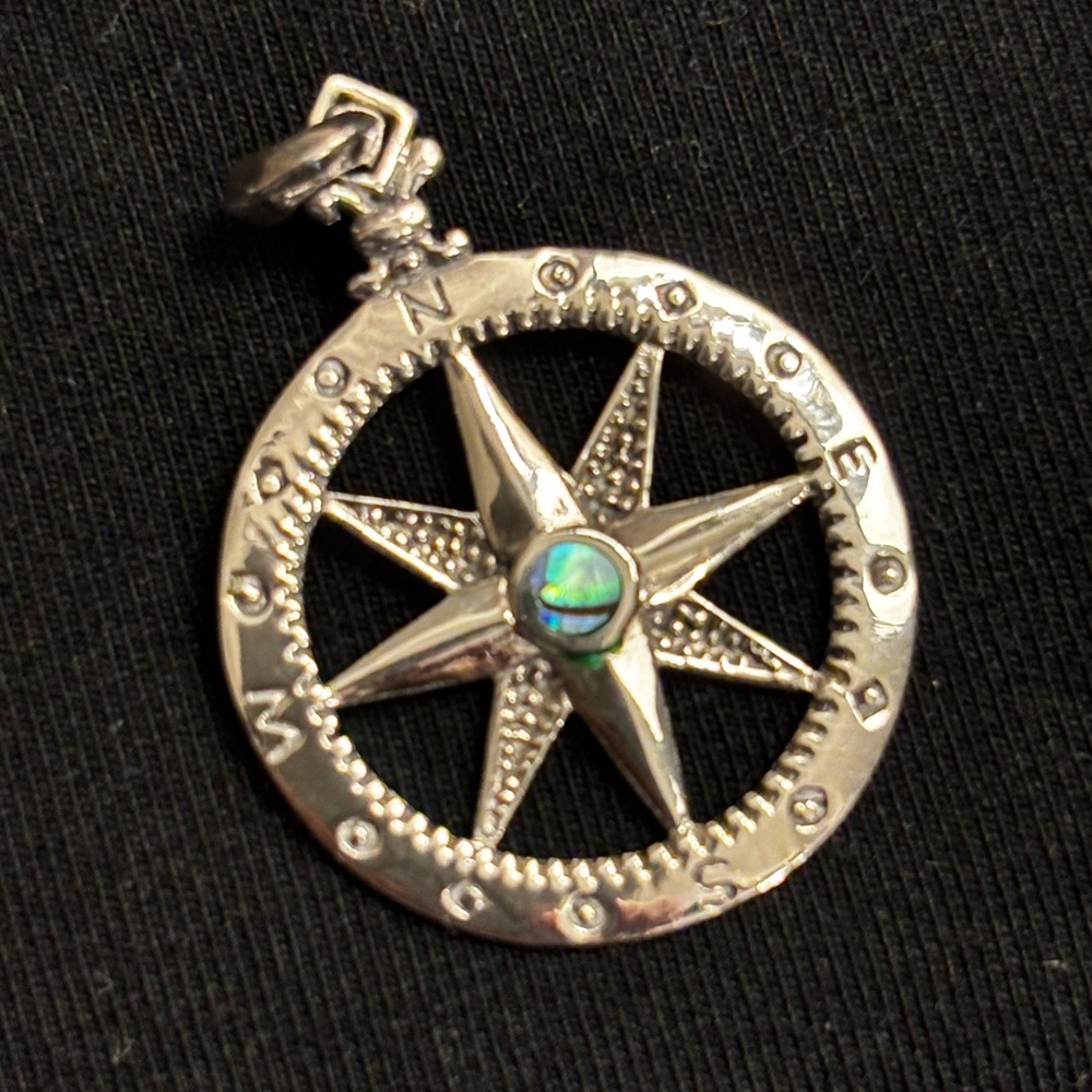 Silver Compass Pendant with Abalone Inlay